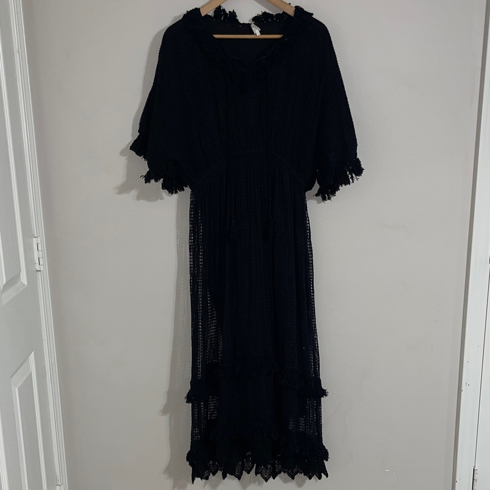 Place Nationale Women's knit black fringe midi dress
